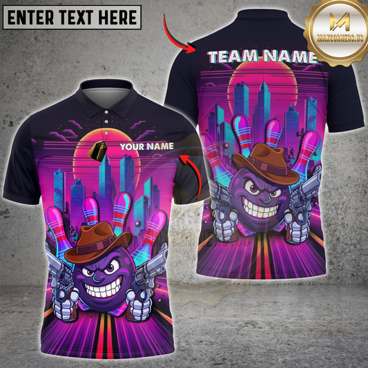 Maxcorners Bowling Funny Cowboy Ball Gun Retro Neon Personalized Name, Team Name 3D Polo Shirt