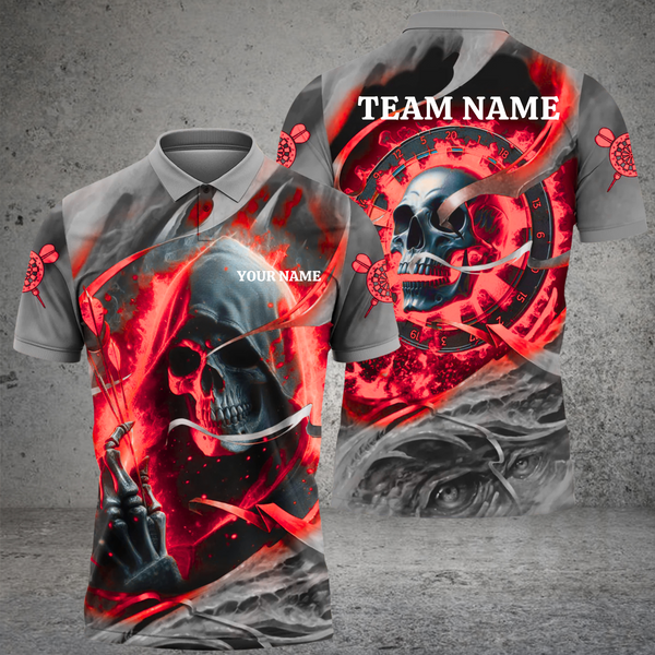 Maxcorners Darts Skull Customized Name, Team Name 3D Polo Shirt