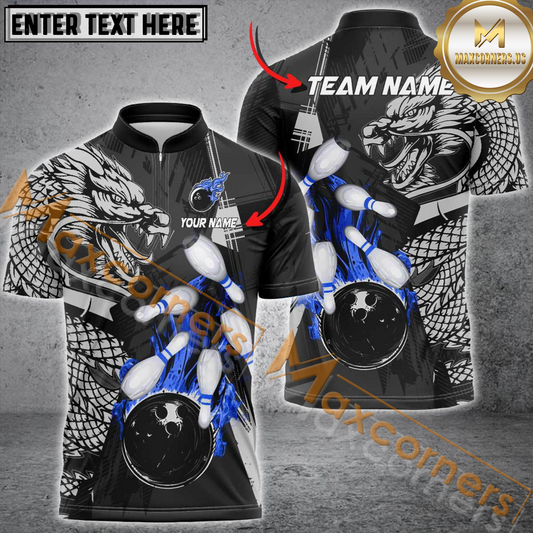 Maxcorners Bowling & Pins Dragon Flame Fire Multicolor Option Customized Name, Team Name 3D Polo Shirt (4 Colors)