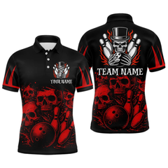 Maxcorners Black and Red Flame Skull Bowling Polo, Quarter Zip Shirts For Men Custom Skull Bowling Team Jerseys LM2404