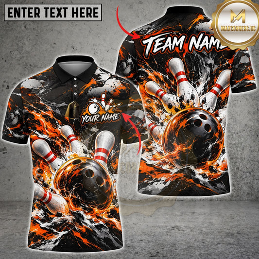 Maxcorners Bowling Ball & Fiery Pin Impact Graphic Customized Name, Team Name 3D Shirts