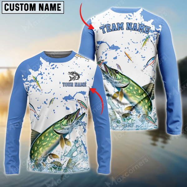 Maxcorners Pike Fishing White Light Blue Personalized Name, Team Name 3D Long Sleeve Shirt