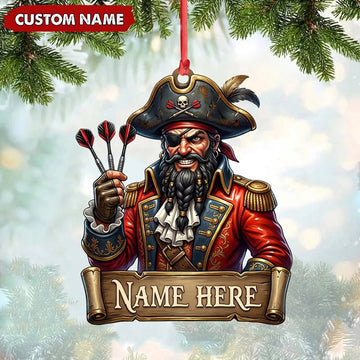 Maxcorners Darts Lover Pirate Captain Mascot, Trikorn Hat, Holding Darts Banner Personalized Name Ornament 2D Flat