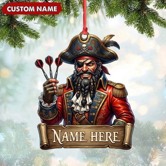Maxcorners Darts Lover Pirate Captain Mascot, Trikorn Hat, Holding Darts Banner Personalized Name Ornament 2D Flat