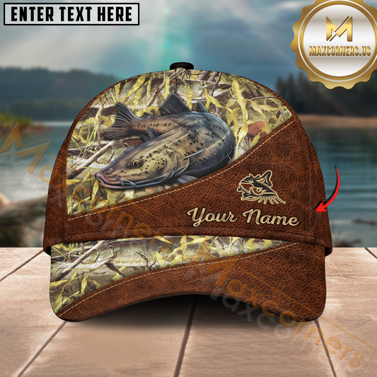 Maxcorners Catfish Fishing Brown Leather Camo Design Personalized Name 3D Cap