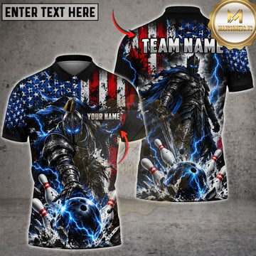 Maxcorners Bowling American Flag Cyber Armor Arm Lightning Ball Shattered Pins Graphic Customized Name, Team Name 3D Shirts