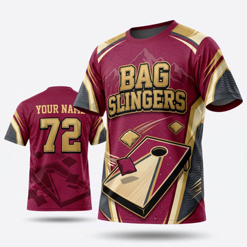Maxcorners Cornhole Bag Slingers Burgundy Gold Personalized Name 3D Unisex Shirt