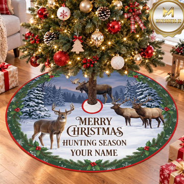 Maxcorners Hunting Moose Merry Christmas Hunting Season Personalized Name 3D Christmas Tree Skirt