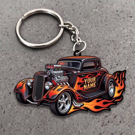 Maxcorners Hot Rod Black Vintage Roadster with Orange Flame Trail Personalized Name 3D Keychain And Ornament