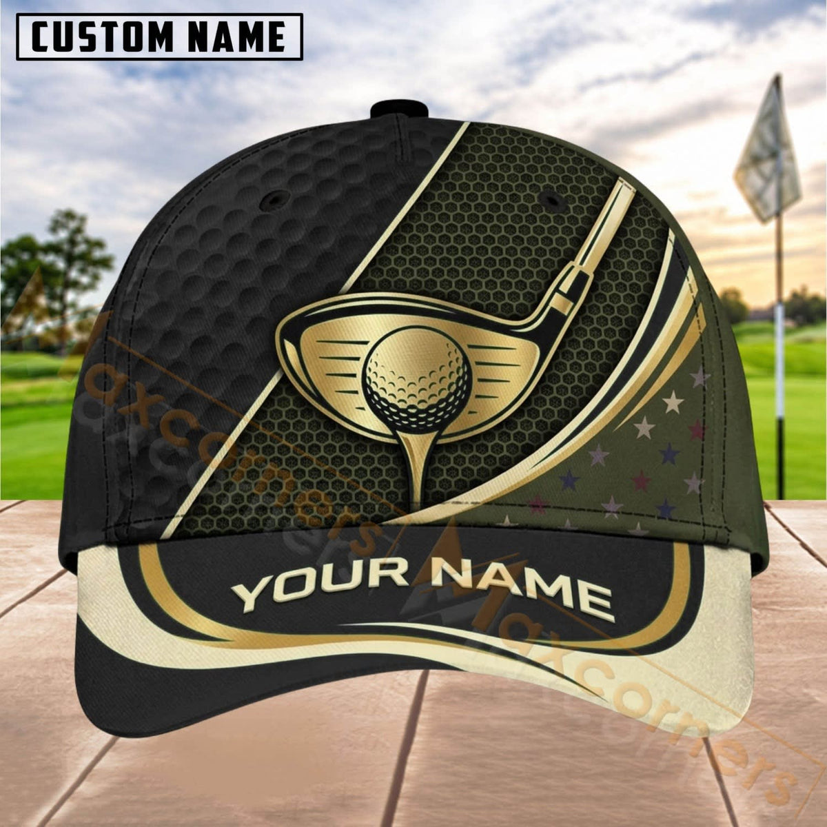 Maxcorners Golf Gold Ball Club Luxury Panel Personalized Name 3D Cap (8 Colors)