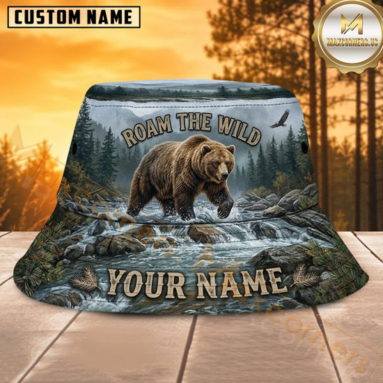 Maxcorners Bear Hunting Alpine Forest Adventure Personalized Name 3D Bucket Hat