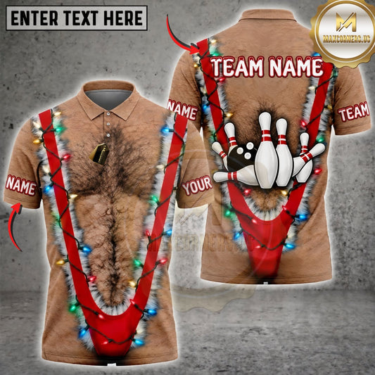 Maxcorners Bowling Funny Hairy Chest Canadian Flag Bowling Pins Personalized Name 3D Unisex Shirt