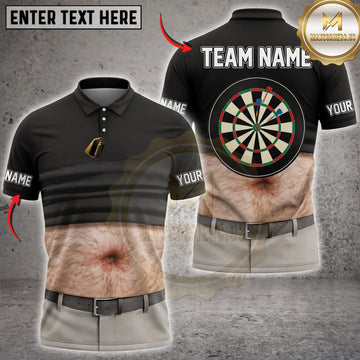 Maxcorners Darts Funny Fake Abs Hairy Belly Black Polo Classic Dartboard Personalized Name 3D Unisex Shirt