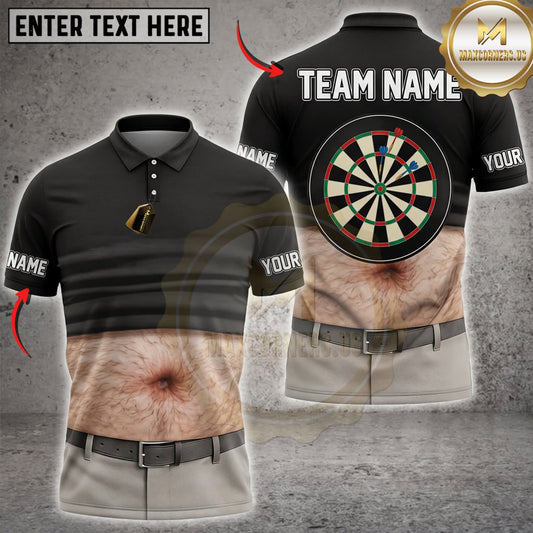 Maxcorners Darts Funny Fake Abs Hairy Belly Black Polo Classic Dartboard Personalized Name 3D Unisex Shirt
