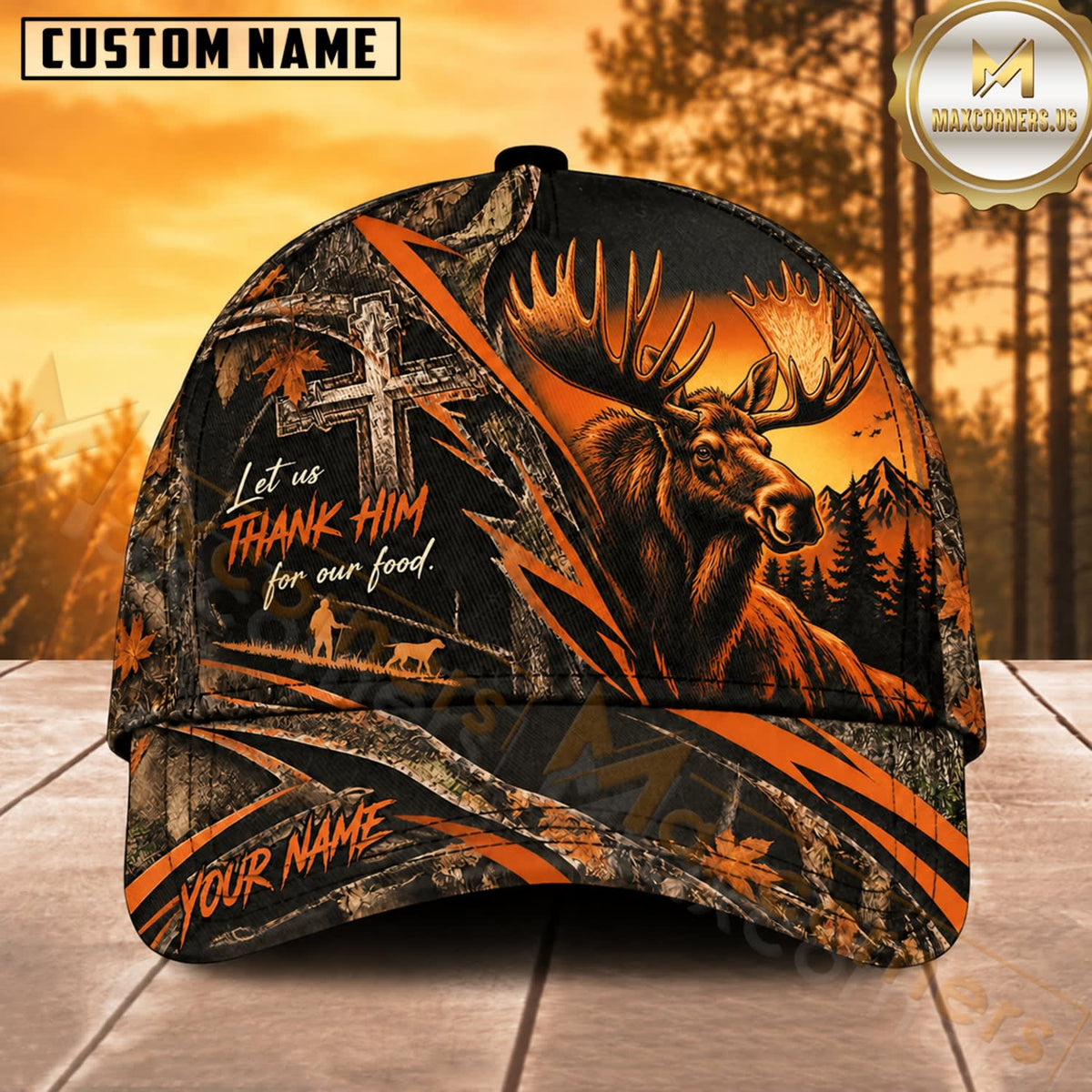 Maxcorners Deer Hunting Whitetail Buck Thank Him for Our Food Orange Cross Sunset Customized Name 3D Cap