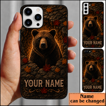 Maxcorners Hunting Bear Pinecone Autumn Leaves Customized Name Phone Case