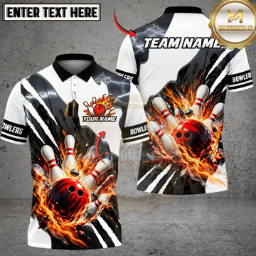 Maxcorners Bowling Pins & Explosive Ball Strike Graphic Customized Name, Team Name 3D Shirts