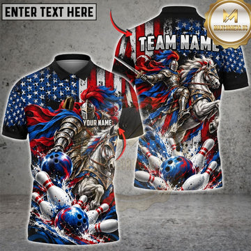 Maxcorners Bowling American Flag Armored Knight Horse Battle Ball Shattered Pins Graphic Customized Name, Team Name 3D Shirts