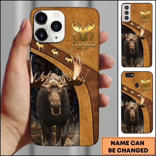 Maxcorners Moose Hunting Rustic Leather Personalized Name 3D Phone Case