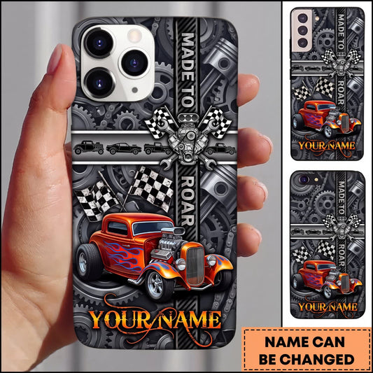 Maxcorners Hot Rod Orange Vintage Car with Industrial Metal Cross and Racing Flame Personalized Name 3D Phone Case