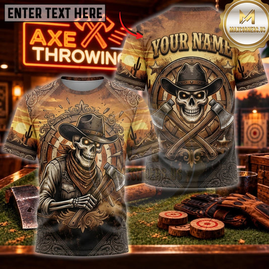 Maxcorners Axe Throwing Wild West Skull Gunslinger Personalized Name 3D Unisex Shirt