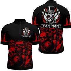 Maxcorners Black and Red Flame Skull Bowling Polo, Quarter Zip Shirts For Men Custom Skull Bowling Team Jerseys LM2404