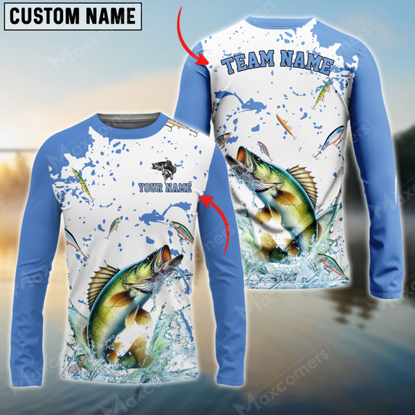 Maxcorners Walleye Fishing White Light Blue Personalized Name, Team Name 3D Long Sleeve Shirt