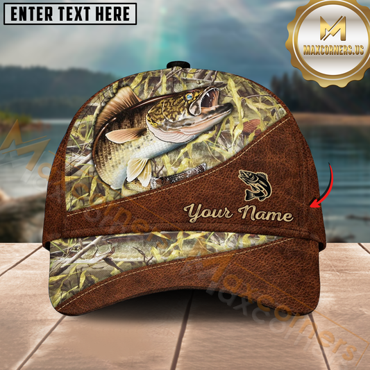 Maxcorners Walleye Fishing Brown Leather Camo Design Personalized Name 3D Cap