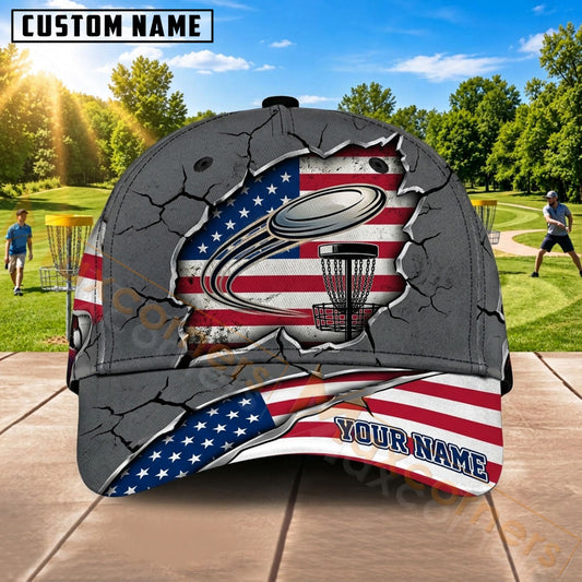 Maxcorners Disc Golf Flying Disc & American Flag Basket Grey Graphic Customized Name 3D Cap