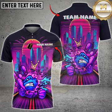 Maxcorners Bowling Neon King Retro City Personalized Name, Team Name 3D Polo Shirt