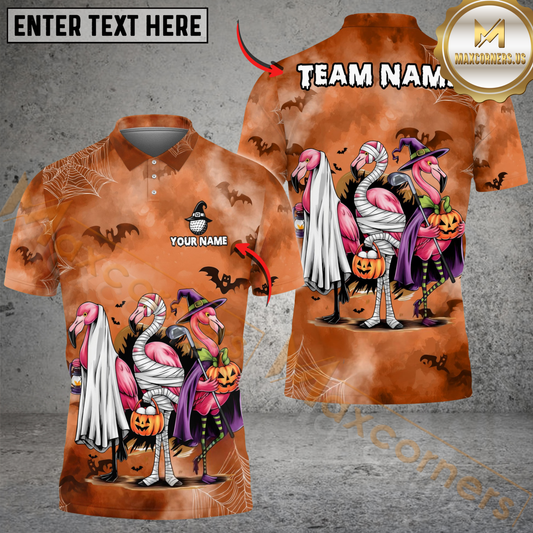 Maxcorners Spooky Flamingo Halloween Funny Golf Shirt, Customized Name & Team Name 3D Shirts (4 Colors) LM1903