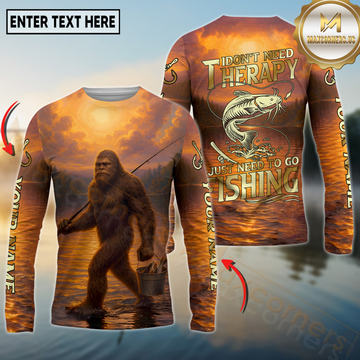 Maxcorners Fishing Sunset Lake Bigfoot Fisherman I Don’t Need Therapy I Just Need To Go Personalized Name, Team Name 3D Long Sleeve Shirt (Large Mouth Bass, Walleye, Trout, Crappie, Catfish, Pike)