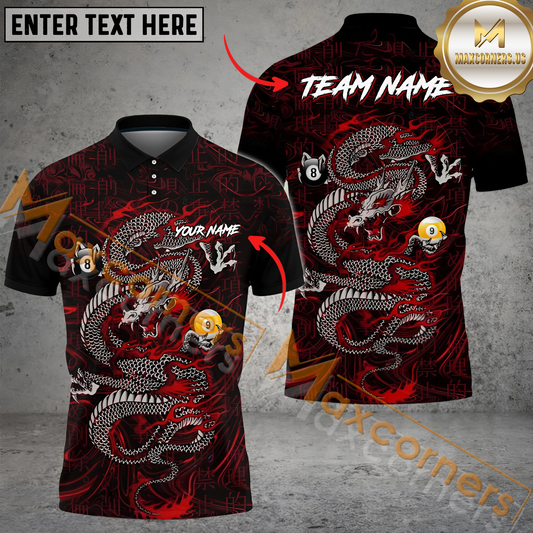 Maxcorners Ball 8 & Ball 9 Almighty Dragon Billiard Jersey Multicolor Options Personalized Name, Team Name 3D Polo Shirt (4 Colors)