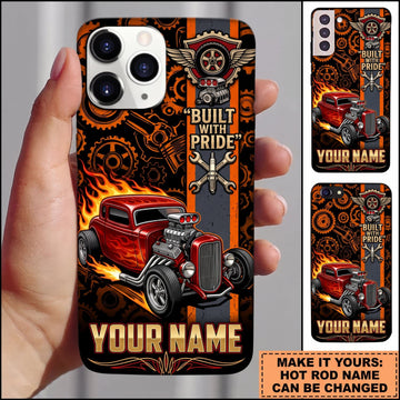 Maxcorners Hot Rod Red Classic Car with Flaming Garage Cross and Custom Name Personalized Name 3D Phone Case