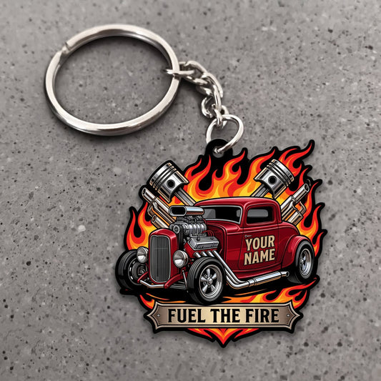 Maxcorners Hot Rod Red Vintage Roadster with Flaming Engine and Fuel the Fire Badge Personalized Name 3D Keychain And Ornament