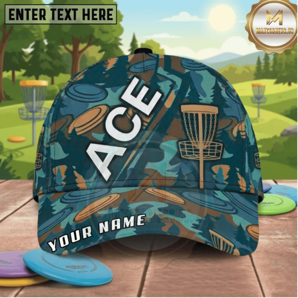(3 Colors) Maxcorners Disc Golf Camo ACE Chain Basket Personalized Name 3D Cap LM3009