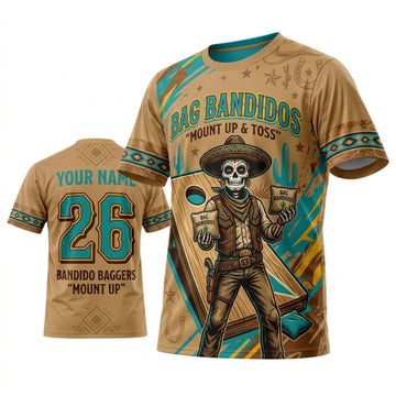 Maxcorners Cornhole Bag Bandidos Tan Teal Western Cowboy Personalized Name 3D Unisex Shirt