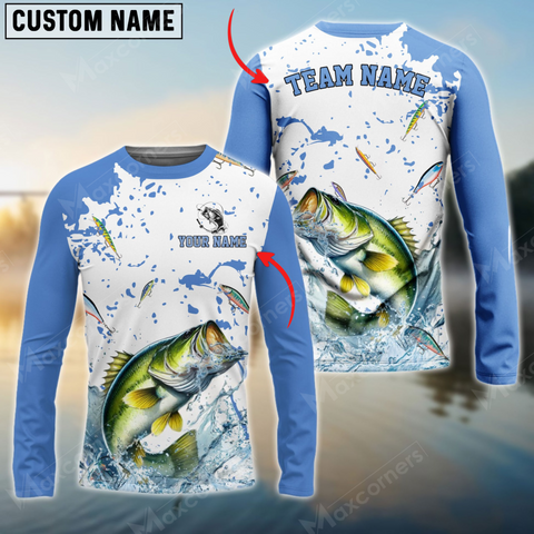 Maxcorners Bass Fishing White Light Blue Personalized Name, Team Name 3D Long Sleeve Shirt