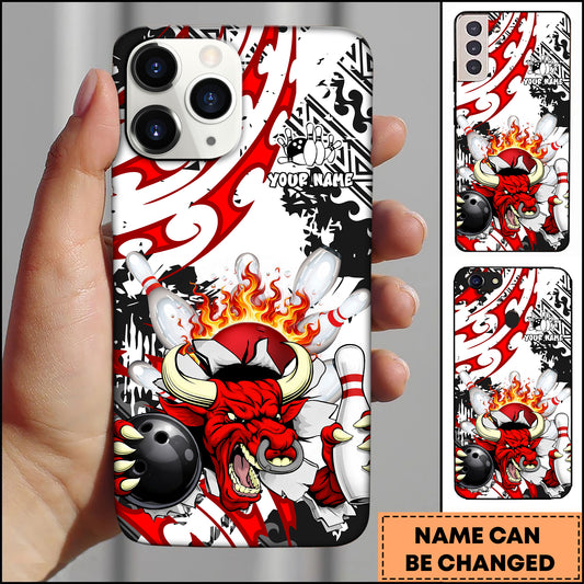Maxcorners Bowling Bull Fire Strike Multicolor Personalized Name 3D Phone Case
