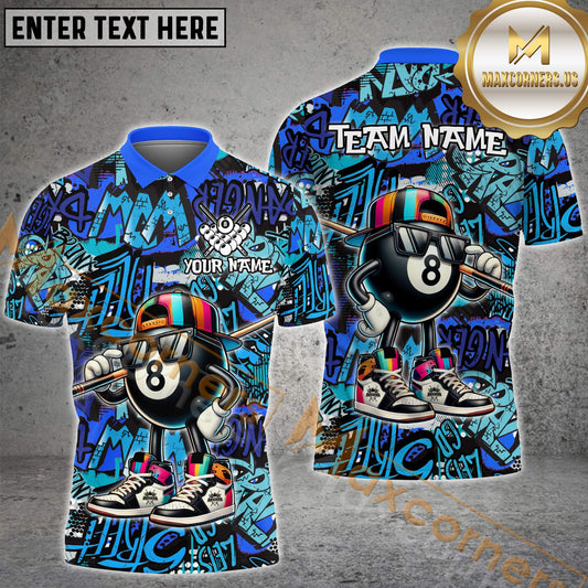 Maxcorners Graffiti Funny 8 Ball Billiard Pattern Multicolor Options Personalized Name, Team Name 3D Polo Shirt (4 Colors)