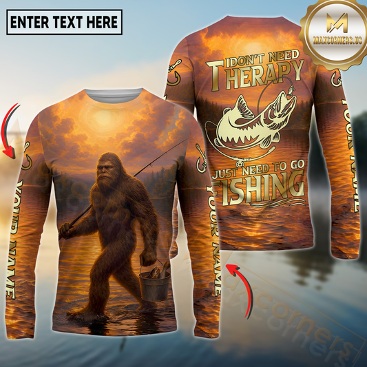 Maxcorners Fishing Sunset Lake Bigfoot Fisherman I Don’t Need Therapy I Just Need To Go Personalized Name, Team Name 3D Long Sleeve Shirt (Large Mouth Bass, Walleye, Trout, Crappie, Catfish, Pike)