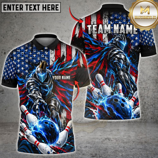 Maxcorners Bowling American Flag Cyber Armored Knight Strike Ball Flying Pins Graphic Customized Name, Team Name 3D Shirts