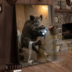 Maxcorners Wild Boar Canvas Wooden Bathroom Reading Newspaper Canvas Wall Art