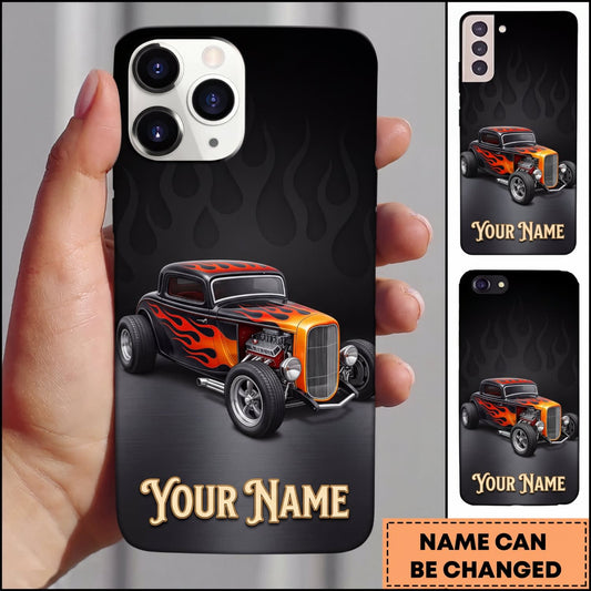 Maxcorners Hot Rod Black Vintage Car with Orange Flames and Minimalist Dark Background Personalized Name 3D Phone Case