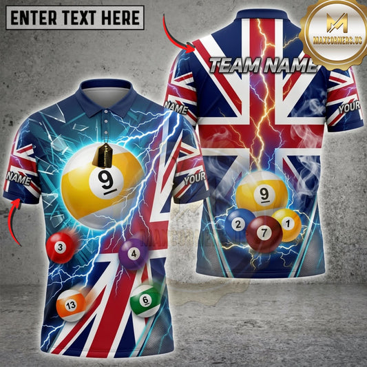 Maxcorners Billiards Union Jack Flag And Colorful Pool Balls Personalized Name 3D Unisex Shirt