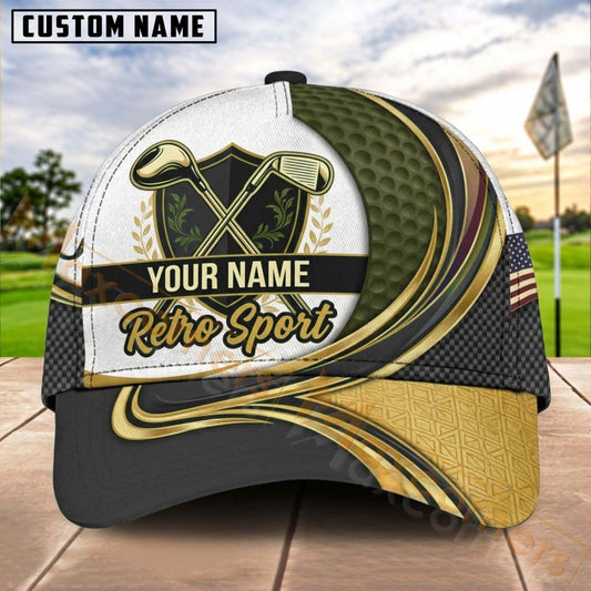 Maxcorners Golf Retro Sport Crossed Clubs Gold Wave Personalized Name 3D Cap (7 Colors)