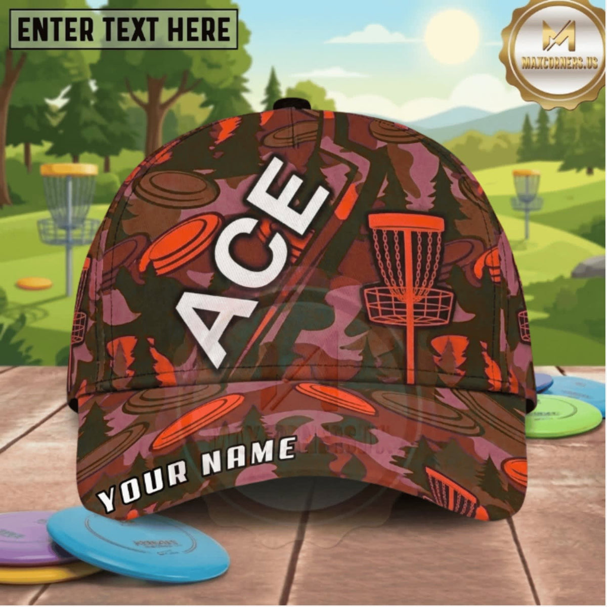 (3 Colors) Maxcorners Disc Golf Camo ACE Chain Basket Personalized Name 3D Cap LM3009