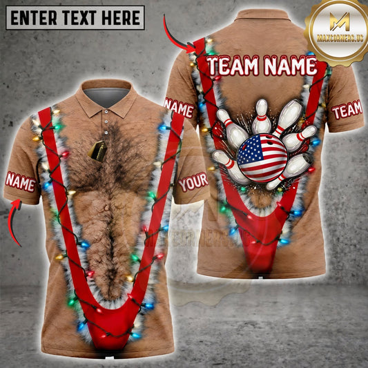 Maxcorners Bowling Funny Hairy Chest American Flag Bowling Pins Personalized Name 3D Unisex Shirt