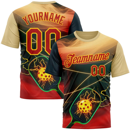 Maxcorners High Voltage Pickleball Paddle Fiery Thunder Strike Red Gold Personalized Name 3D Unisex Shirt