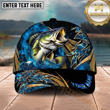 Maxcorners Fishing Blue Tribal Gold Accent Personalized Name 3D Shirt (13 Fish Species)